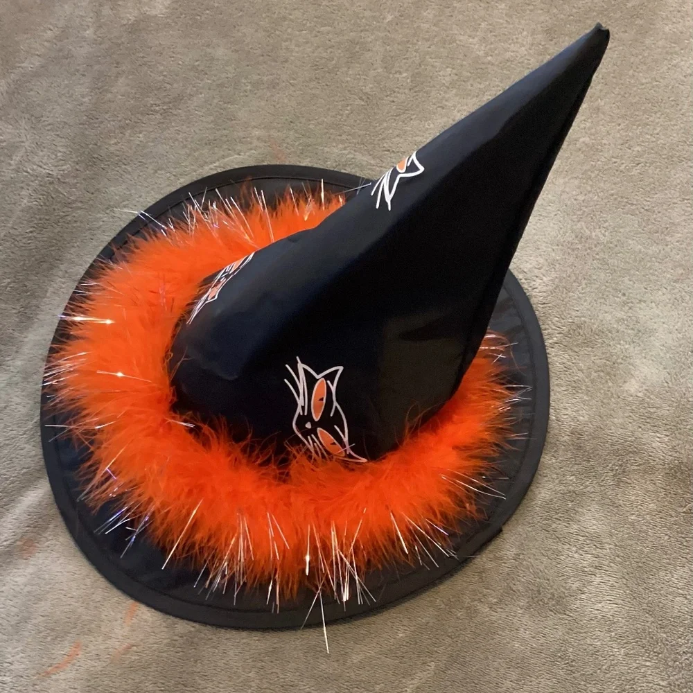 Vintage Girl Witch Hat Size M Black Orange Cat Print Halloween Rare - Picture 3 of 4